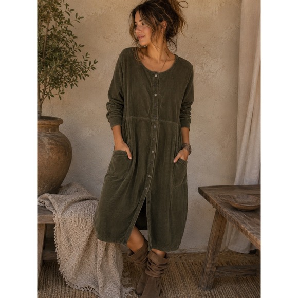 L.L. Bean Dresses & Skirts - LL Bean Corduroy Midi Dress Womens 12 Olive Green Button Cotton Long Sleeve